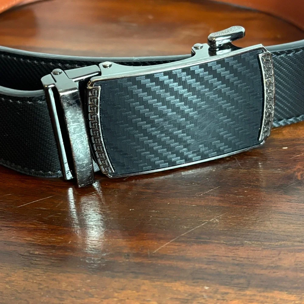 Chaoren Mens‎ Ratchet Belt Black Carbon Fiber Pattern Automatic Buckle Leather